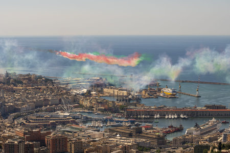 Genoa, Italy. 05/26/2020 Frecce Tricolori fly over the city of Genoaのeditorial素材