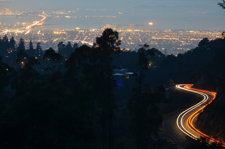 Light trails above San Francisco bayの写真素材