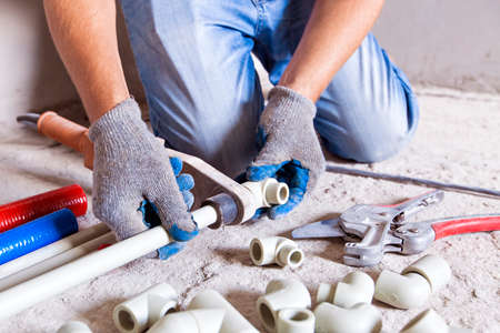 Plumber welded plastic pipesの写真素材