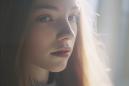 Portrait of a beautiful girl with long hair in a light room. portrait of a beautiful teenage girl, attractive, pensive, soft light - AI illustrationの素材