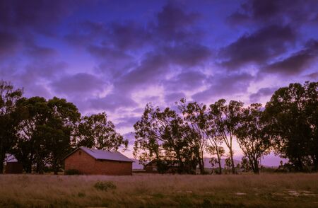 Brightly coloured sunrise with building, trees and open grass field in the foreground, Cape Town, South Africaの写真素材