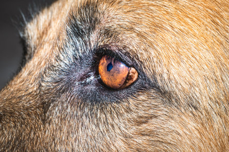 Close up of brown and black German shepherd dogs eye and face