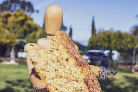 Wooden Human Manikin eating with a rusk biscuit covered in sugar in a green gardenの写真素材