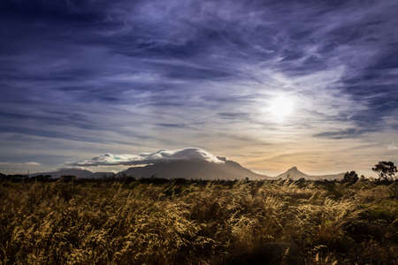 View of Table Mountain and Cape Town City at sunrise on a beautiful morning, Cape Town, South Africaの写真素材