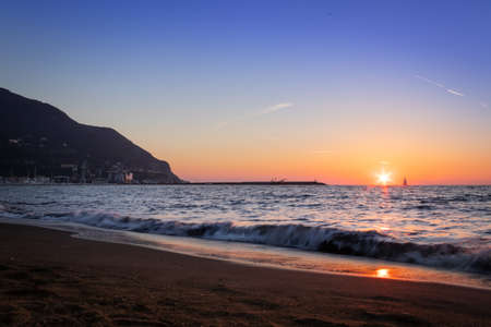Sunset from a beach in Castellammare di Stabia and Mount Vesuvius and the Bay of Naples, Naples (Napoli), Italy, Europeの写真素材