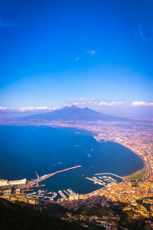 Landscape view of beautiful green mountains and Mount Vesuvius and the Bay of Naples from Mount Faito, Naples (Naploi), Italy, Europeの写真素材