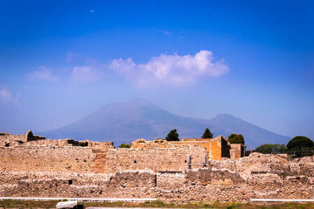 View with a unique perspective of Mount Vesuvius and the Archaeological ruins in Pompeii, Naples (Napoli), Italy, Europeの写真素材