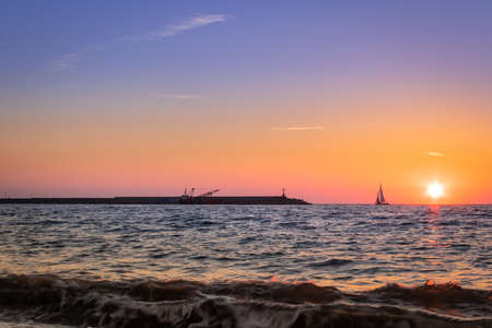 Sunset from a beach in Castellammare di Stabia and Mount Vesuvius and the Bay of Naples, Naples (Napoli), Italy, Europeの写真素材