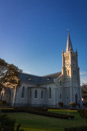 Old White Christian Church against deep blue sky, Robertson, South Africaの写真素材