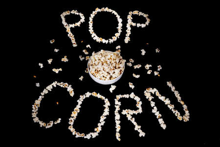 Popped Popcorn (maize kernels) and shaped in the word âpopcornâの写真素材
