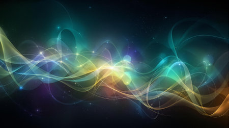 abstract background with glowing lines and waves in blue and yellow colorsの写真素材