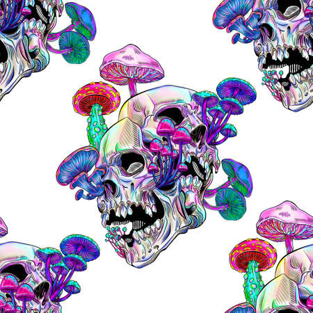 Seamless pattern bright Magic Psychedelic Mushrooms and skull. Humor textile composition, hand drawn style print.の写真素材