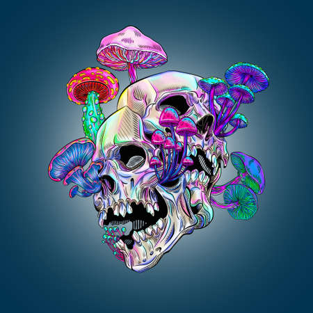 Bright Magic Psychedelic Mushrooms and skull. Humor textile composition, hand drawn style print. In psychedelic neon colors.の写真素材