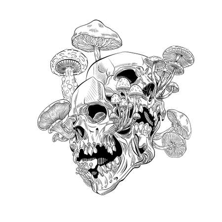 Magic Psychedelic Mushrooms and skull. hand drawn style print. isolated sketch. Texture background for creativity and advertisingの写真素材