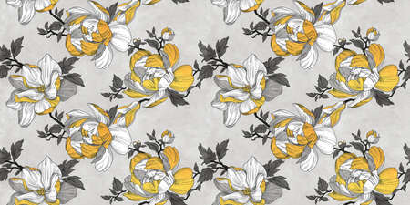 Seamless wallpaper pattern. Gold and silver flowers, leaves and branches. Textile composition, hand drawn style print.の写真素材