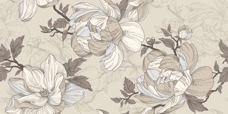 Seamless wallpaper pattern. Beige and silver flowers, leaves and branches. Textile composition, hand drawn style print.の写真素材