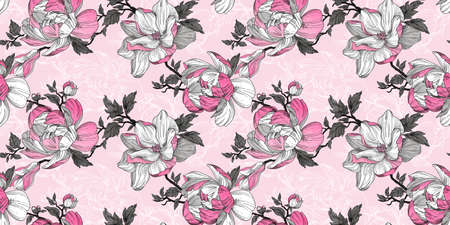 Floral seamless pattern. Magnolia flowers on a light pink background. Textile composition, hand drawn style print.の写真素材