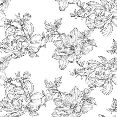 Pencil drawing of a Floral Seamless pattern. Magnolia flowers on a white background. Textile composition, hand drawn print. Texture background for creativity and advertising.の写真素材