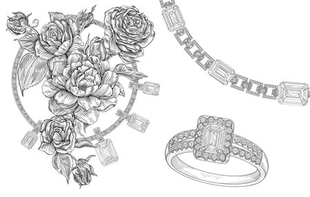 Pencil drawing of a necklace, a ring with precious stones and roses on a white background. isolated sketch. White background with hand painted diamond rings.の写真素材