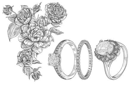 Pencil drawing of a rings with precious stones and roses on a white background. isolated sketch. White background with hand painted diamond rings. Texture background for creativityの写真素材