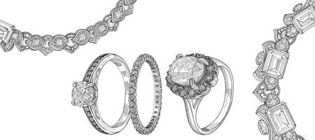 Pencil drawing of a necklace and a rings with precious stones on a white background. isolated sketch. White background with hand painted diamond rings. Texture background for createの写真素材