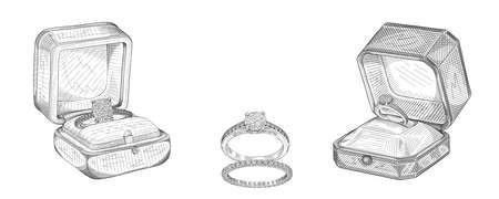 jewelry theme. Pencil drawing of different wedding jewelry rings in a gift box, isolated on white background. wedding background.の写真素材
