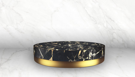 Black and white marble, gold cylinder product display with luxury concept, abstract geometric background, circle frame, pedestal, podium, stand. 3D rendering. background for creationの写真素材