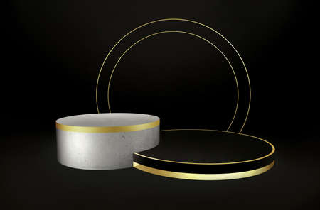 Black, gray and gold cylinder product display with luxury concept, abstract geometric background, circle frame, pedestal, podium, stand. 3D rendering. background for creativity andの写真素材