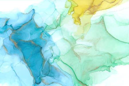 Luxury abstract fluid art painting in alcohol ink technique, mixture of blue, green and yellow paints. Tender and dream design. Mixture of colors creating transparent waves and goの写真素材