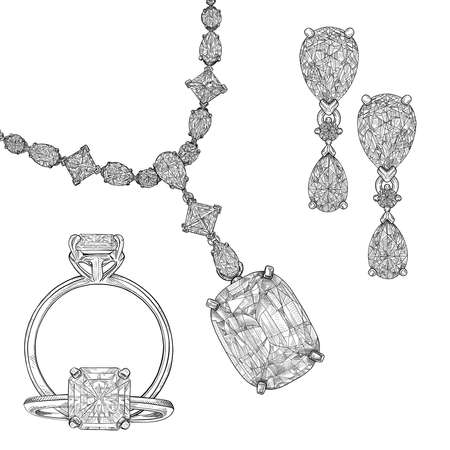 Pencil drawing of a necklace and a ring with diamonds on a white background. isolated sketch. Jewelry for the bride, wedding jewelry set. Texture background for creativity and adveの写真素材