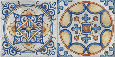 Azulejos tile. Portuguese and oriental tile in shades of blue colors pattern. Arabesque and Rococo ornament.の写真素材
