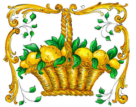 Drawing in Sicilian style, gold monograms, lemons in a basket.の写真素材
