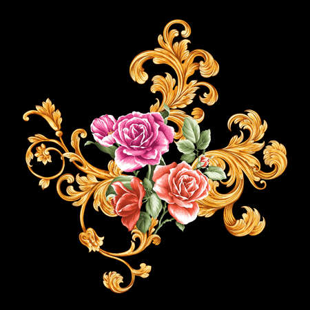 Golden baroque floral curl and flowers, rococo ornament. Natural gold scroll, leaves on black background. vintage greeting cardの写真素材
