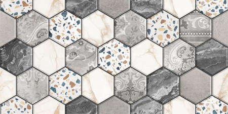 Digital colorful wall tile design for washroom and kitchen. Marble seamless background with geometric shapes, monogram floral ornament. Template for textile, apparel, card, invitatの写真素材