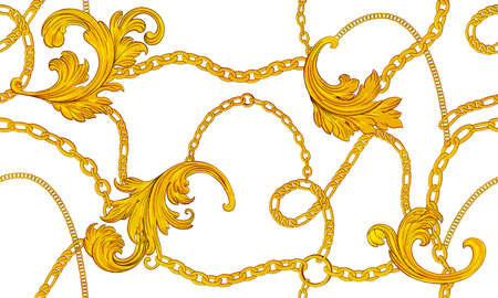 Gold chain and baroque renaissance monogram. isolated sketch. White background with hand painted gold chain.Texture background for creativity and advertising.の写真素材
