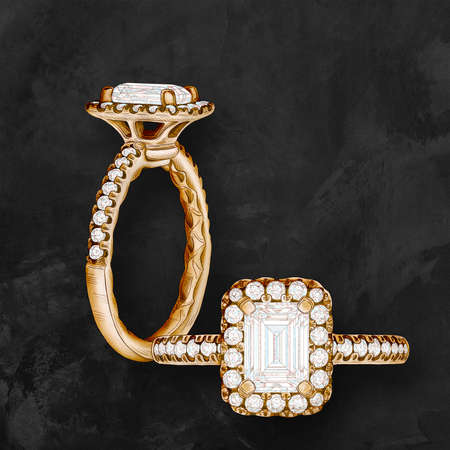 Black background with hand-painted gold diamond ring. Texture background for creativity and advertisingの写真素材