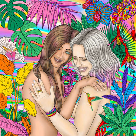 LGBT, lesbians. World Kissing Day. Valentine's Day. Fall in love. Magical feelings. Same-sex love. bisexual. Happy couple together. Women with a homosexual orientation.の写真素材