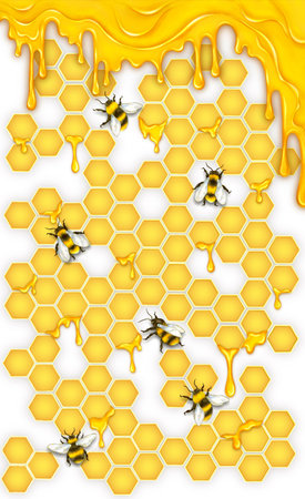 Art honeycombs with dripping honey, bees keeping honey. Beehive honeycomb with hexagon grid cells and bee cartoon background. Dripping honey. Drawn illustration for cafe, shop, bakの写真素材