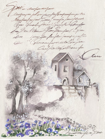 Hand drawn illustration landscape. Watercolor drawing of sketch letter with house drawing. Material for advertising and creativity.の写真素材