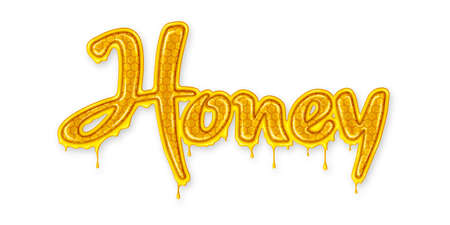 Lettering honey on white background. Drawn illustration for cafe, shop, bakery menu. Dripping honey.の写真素材