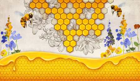 Wildflower honey ads. Honey hand drawn illustration. Honey combs with honey, retro flowers garden with bees. Watercolor flowers and bees. Honeycomb on retro engraving flowers backgの写真素材
