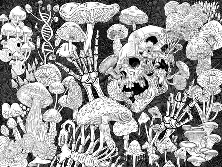 Graphically hand-drawn drawing magical psychedelic mushrooms and skulls. Hippie magic mushroom illustration print. Texture background for creativity and advertisingの写真素材