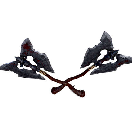 ancient old axe with skulls on handle on white backgroundの写真素材