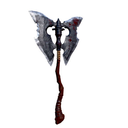 ancient old axe with skulls on handle on white backgroundの写真素材