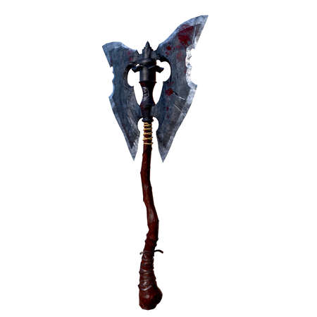 ancient old axe with skulls on handle on white backgroundの写真素材