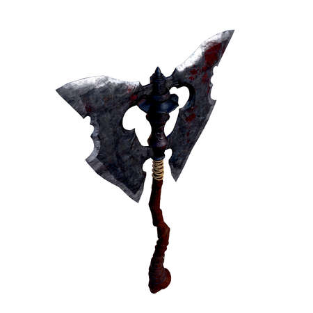 ancient old axe with skulls on handle on white backgroundの写真素材