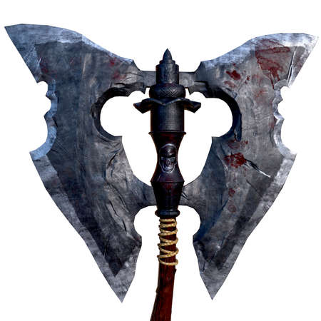ancient old axe with skulls on handle on white backgroundの写真素材