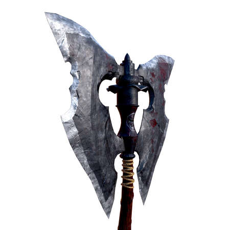 ancient old axe with skulls on handle on white backgroundの写真素材