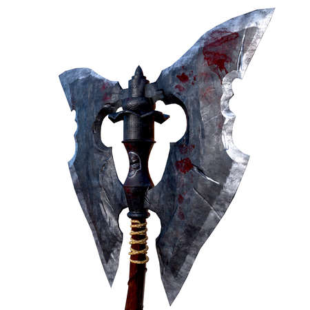 ancient old axe with skulls on handle on white backgroundの写真素材