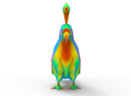 california quail character. cartoon low poly 3D illustration of animal. rainbow gamma triangles and polygons on white background isolated with shadow.の写真素材
